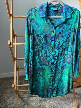 Tianello Silk Teal & Blue Abstract Print Button-Down Tunic style blouse